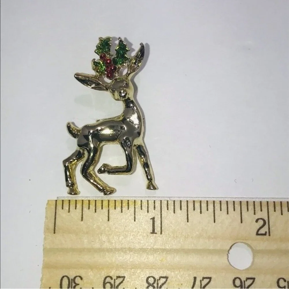Vintage Gerry's Reindeer Gold tone Enamel Brooch Pins Costume Jewelry Set of 2